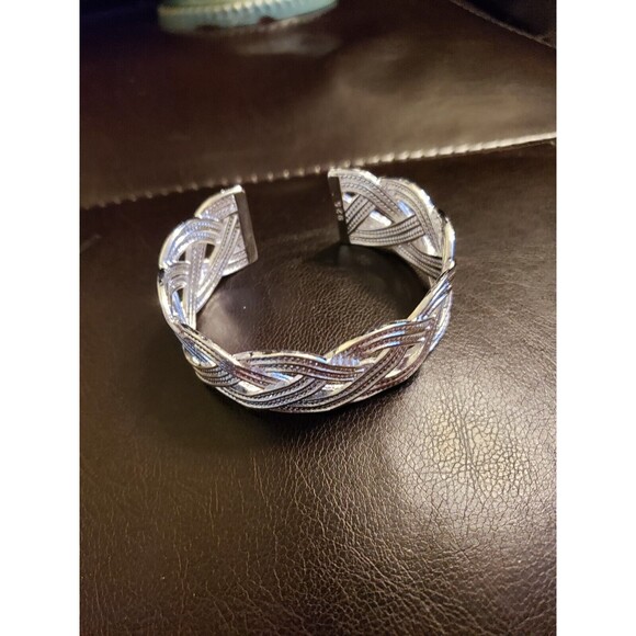 925 Silvery-Plated Copper Geometric Weave Cuff Bracelet Braided - Picture 3 of 8